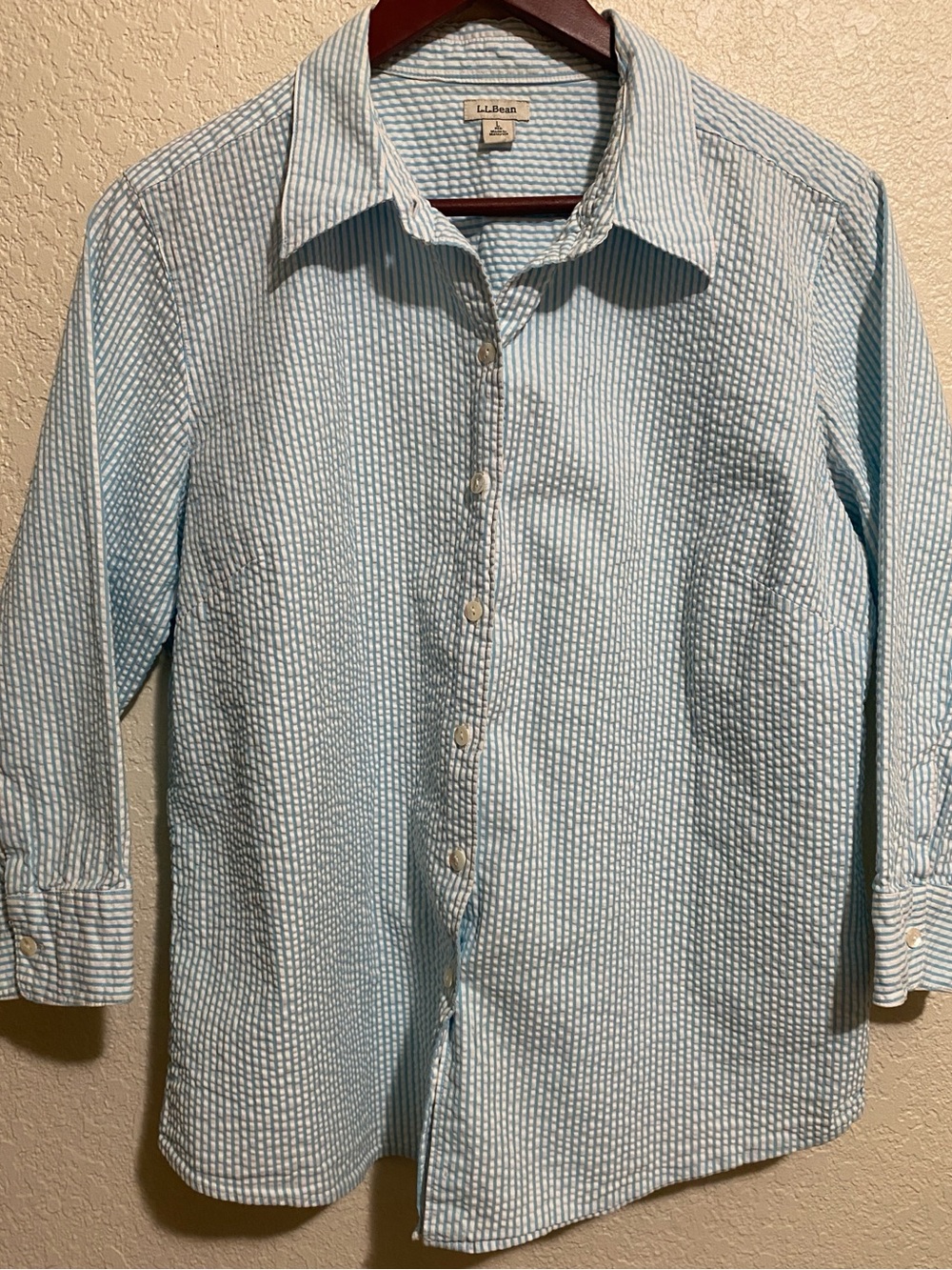 L.L. Bean Women's Seersucker Shirt Blue White Striped 3/4 Sleeve Cotton-L
